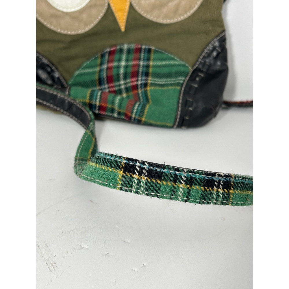 Owl Canvas Plaid Mixed Media Crossbody Bag‎ Olive Green Black Small Messenger - Picture 4 of 7